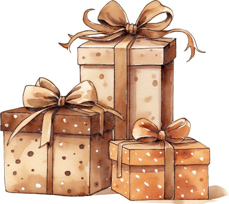 Vintage christmas gifts three wrapped boxes brown polka dot ribbon bows watercolour illustration Grey Barn Handwerk, Saskatchewan.